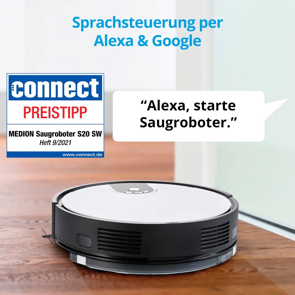 MEDION Saugroboter Mit Wischfunktion Und Zyklon Technologie S20 SW (Alexa App Steuerung, Modell 2021, Extra Flach, Regulierbare Wasserabgabe, Ladestation, Tierhaar Allergiker Optimiert) 2 MEDION Saugroboter Mit Wischfunktion Und Zyklon Technologie S20 SW (Alexa App Steuerung, Modell 2021, Extra Flach, Regulierbare Wasserabgabe, Ladestation, Tierhaar Allergiker Optimiert) – Bild 2