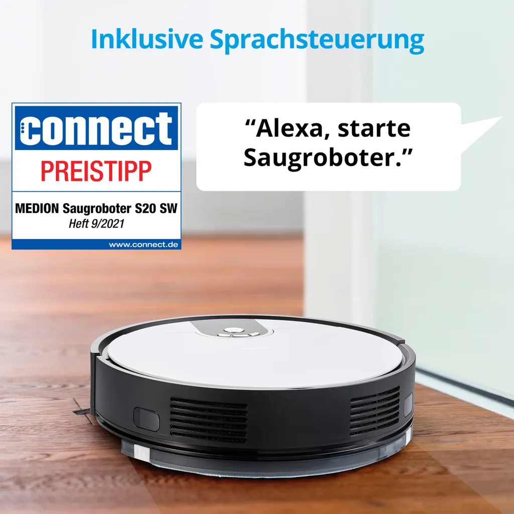 MEDION Saugroboter Mit Wischfunktion Und Zyklon Technologie S20 SW (Alexa App Steuerung, Modell 2021, Extra Flach, Regulierbare Wasserabgabe, Ladestation, Tierhaar Allergiker Optimiert) 11 MEDION Saugroboter Mit Wischfunktion Und Zyklon Technologie S20 SW (Alexa App Steuerung, Modell 2021, Extra Flach, Regulierbare Wasserabgabe, Ladestation, Tierhaar Allergiker Optimiert) – Bild 11