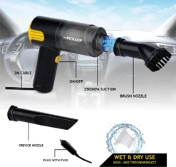 Dunlop Auto Staubsauger - 12V Feuerzeuganschluss - Nass Und Trocken - Fugen- Und Bürstendüse - 3 Meter Kabel - Autozubehör - Schwarz/Gelb