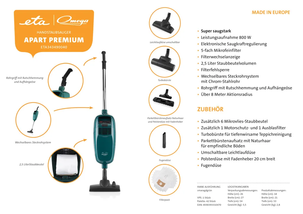 Omega APART PREMIUM, Stielstaubsauger ETA343490040, 800 Watt, Mit Beutel, Turbo- Und Parkettbürste, Umschaltbare Bodendüse, Polster- Und Fugendüse 20 Omega APART PREMIUM, Stielstaubsauger ETA343490040, 800 Watt, Mit Beutel, Turbo- Und Parkettbürste, Umschaltbare Bodendüse, Polster- Und Fugendüse – Bild 20