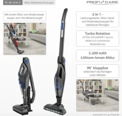 ProfiCare 2 In 1 Hand-und Bodenstaubsauger PC-BS 3035 A, Praktische Ladestation Inkl. Zubehörhalterung, Leistungsstarker 14,8 V Lithium Ionen Akku, Turbo Rotation, HEPA-Filter, Anthrazit-blau -Rowenta || Bosch Verkäufe 7b09c28803a5a45f27053b32e2e94d5e