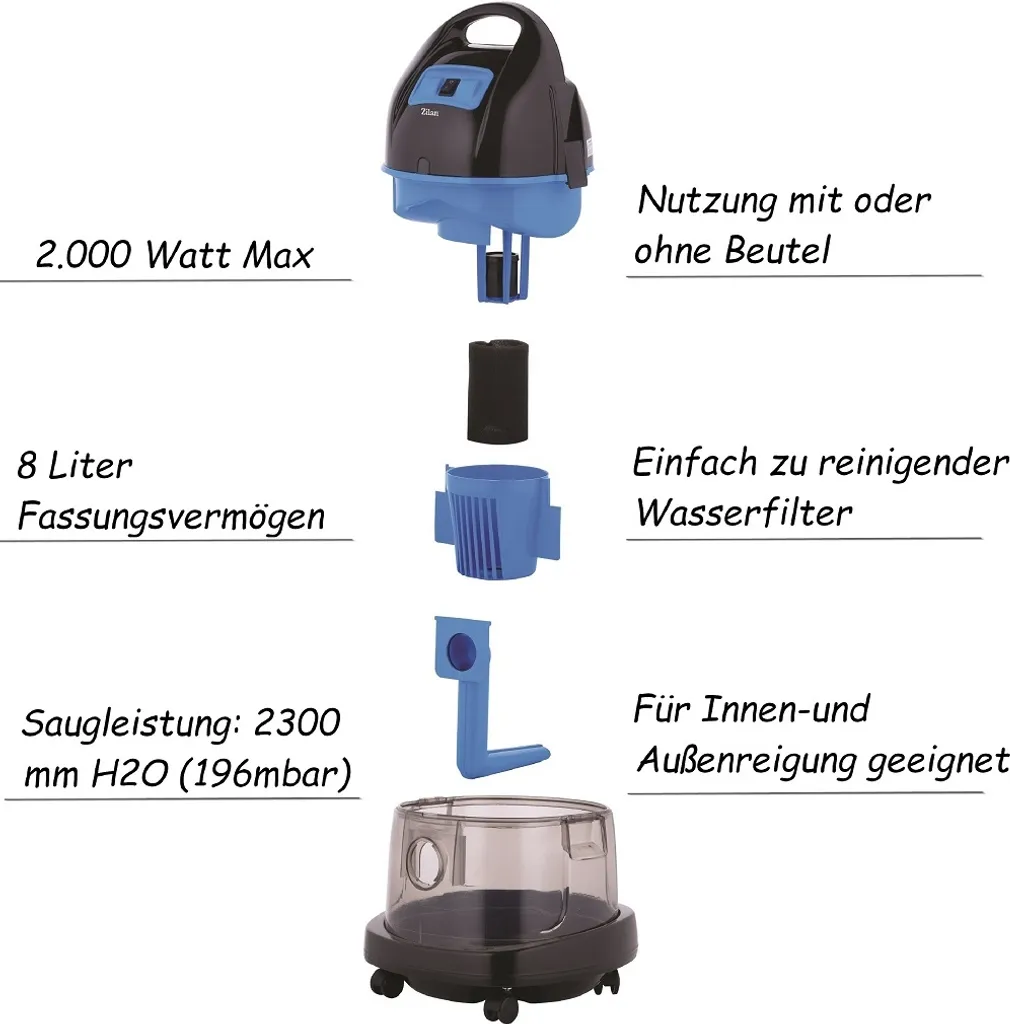 Zilan Staubsauger Mit Wasserfilter | Wasserstaubsauger | Nass Und Trocken | Boden Staubsauger | 8 LIter | 2.000 Watt | Beutellos 2 Zilan Staubsauger Mit Wasserfilter | Wasserstaubsauger | Nass Und Trocken | Boden Staubsauger | 8 LIter | 2.000 Watt | Beutellos – Bild 2