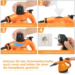 COSTWAY Dampfreiniger Inkl. 9 Zubehör, Handdampfreiniger, Dampfreinigen Handgerät 3 Bar / 250ml / 1050W / 4min Aufheizzeit/für Teppiche, Vorhänge, Autositze, Küche (Orange) -Rowenta || Bosch Verkäufe ab6b72575a02a7bb3d09a5f17951ac61