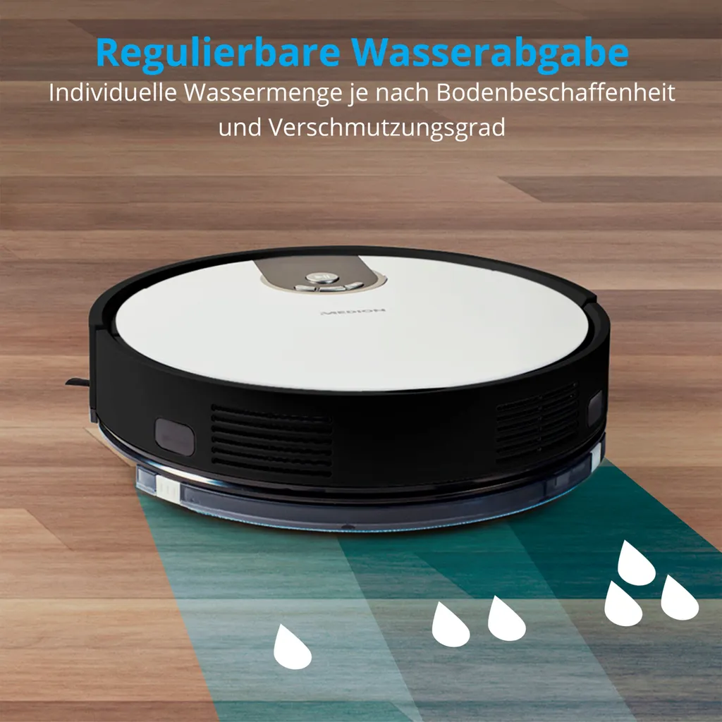 MEDION Saugroboter Mit Wischfunktion Und Zyklon Technologie S20 SW (Alexa App Steuerung, Modell 2021, Extra Flach, Regulierbare Wasserabgabe, Ladestation, Tierhaar Allergiker Optimiert) 5 MEDION Saugroboter Mit Wischfunktion Und Zyklon Technologie S20 SW (Alexa App Steuerung, Modell 2021, Extra Flach, Regulierbare Wasserabgabe, Ladestation, Tierhaar Allergiker Optimiert) – Bild 5