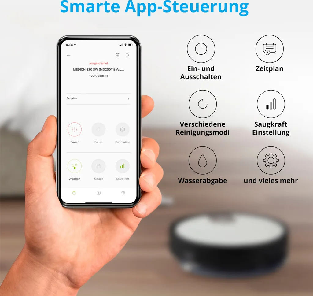 MEDION Saugroboter Mit Wischfunktion Und Zyklon Technologie S20 SW (Alexa App Steuerung, Modell 2021, Extra Flach, Regulierbare Wasserabgabe, Ladestation, Tierhaar Allergiker Optimiert) 3 MEDION Saugroboter Mit Wischfunktion Und Zyklon Technologie S20 SW (Alexa App Steuerung, Modell 2021, Extra Flach, Regulierbare Wasserabgabe, Ladestation, Tierhaar Allergiker Optimiert) – Bild 3
