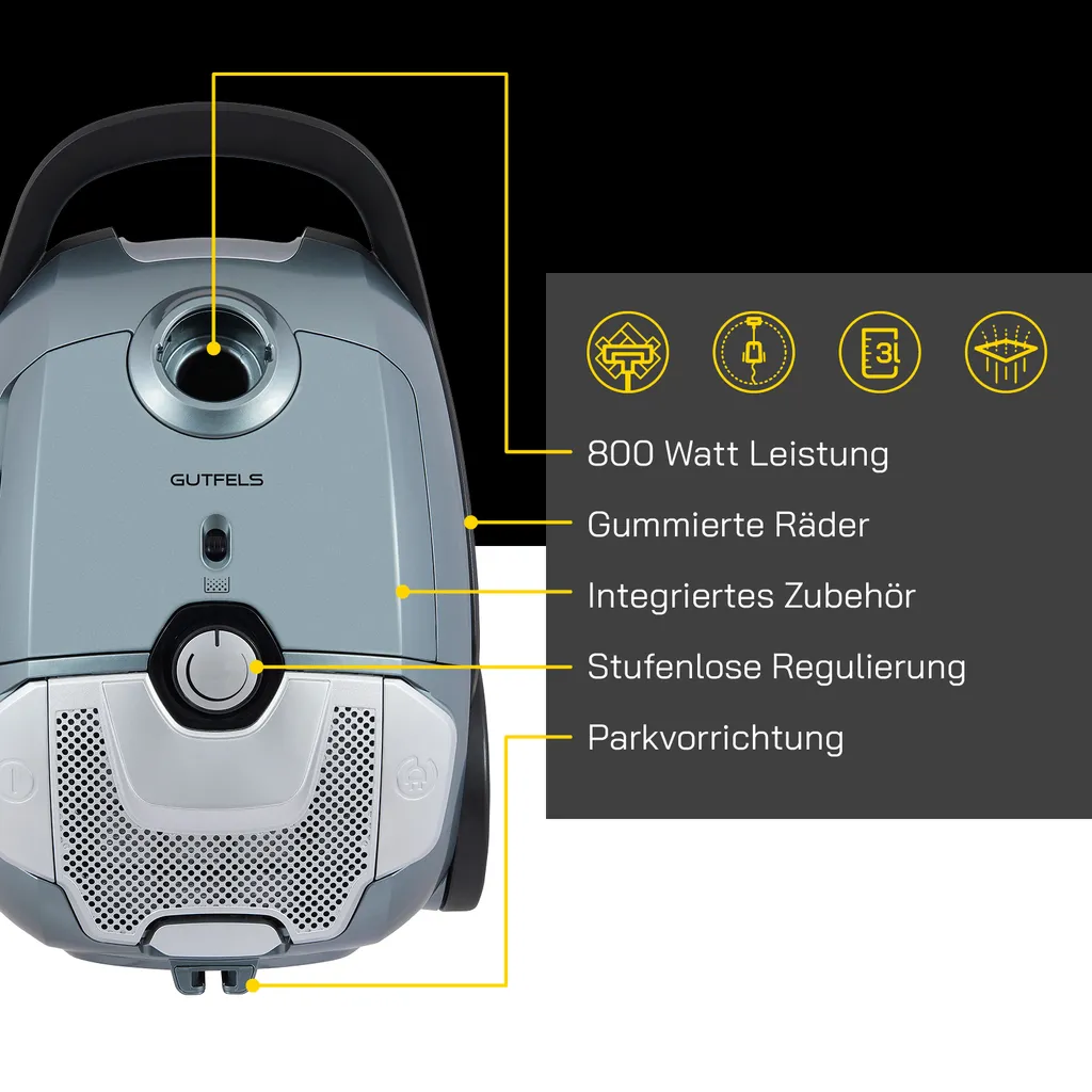 GUTFELS CLEAN 2010 Bodenstaubsauger | 800 Watt Leistung | Integriertes Zubehör | 3 Liter Staubbehälter 3 GUTFELS CLEAN 2010 Bodenstaubsauger | 800 Watt Leistung | Integriertes Zubehör | 3 Liter Staubbehälter – Bild 3